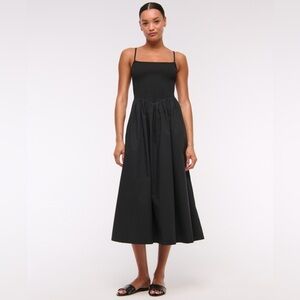 Abercrombie & Fitch Dipped-Waist Smocked Midi Dress in Black